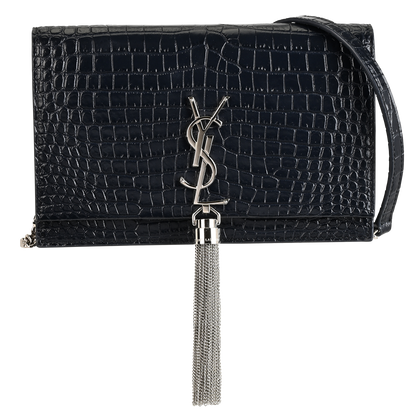 Embossed Kate Tassel Wallet On Chain, &pound;1,200, Handbags, Navy, Leather, Front view